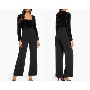 Eliza J Sz 0 Jumpsuit Black Sequin Square Neck Long Sleeve Wide Leg Party Formal